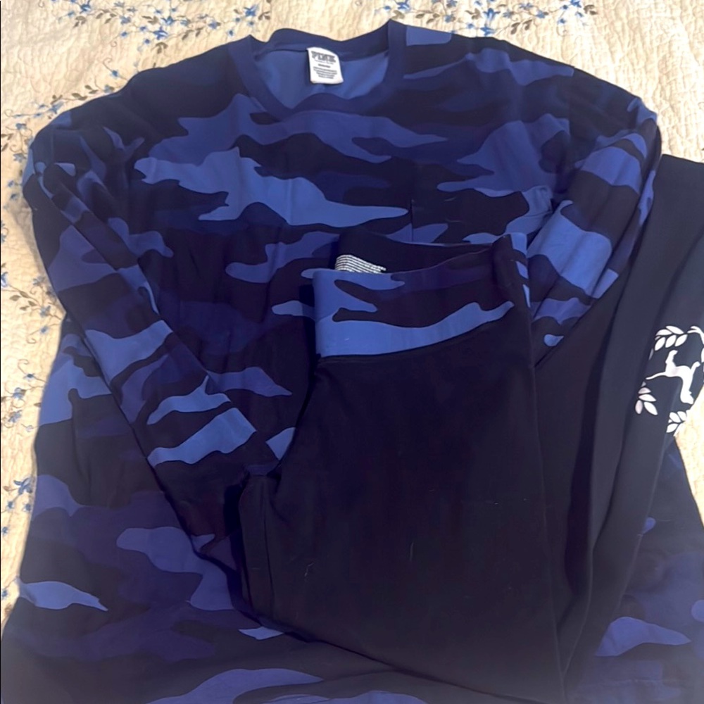 Victoria secret pink blue camo long sleeve and leggings with blue camo